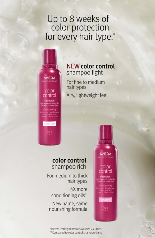 Kaksi pinkkiä shampoopulloa eri hiustyypeille, tarjoaa jopa 8 viikkoa väriä suojaavaa hoitoa. Teksti selittää hyödyt.