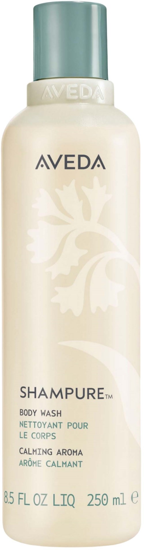 En flaske Aveda beroligende kropsvask med lys blå låg og hvid etikette med mærkenavn og produktoplysninger.