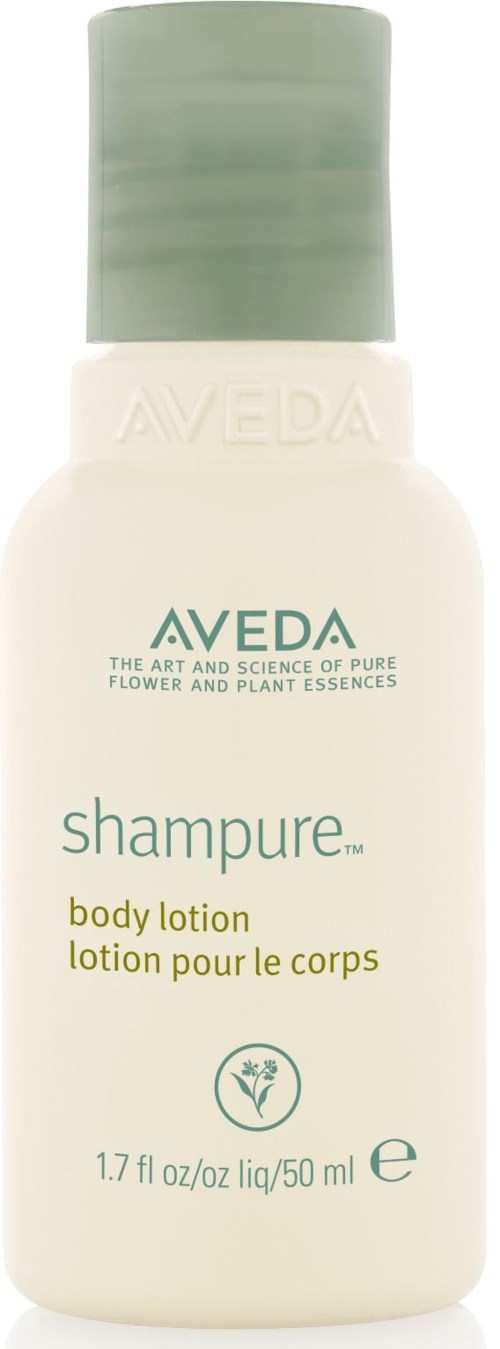 A white bottle with a green cap labeled 'AVEDA' and 'shampure' body lotion. Small text and logo on the front.