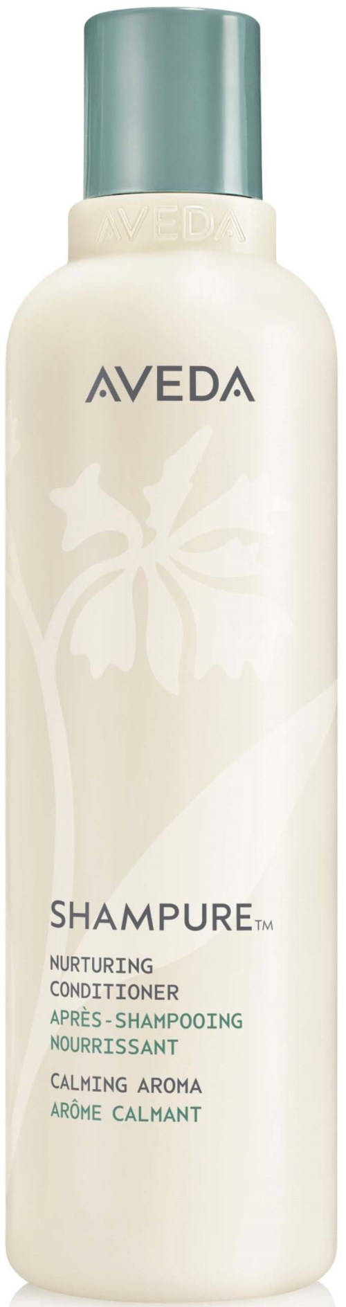 Valkoinen pullo, jossa vihreä korkki ja merkintä Aveda shampoo, kuvailee sitä ravitsevaksi ja rauhoittavaksi.
