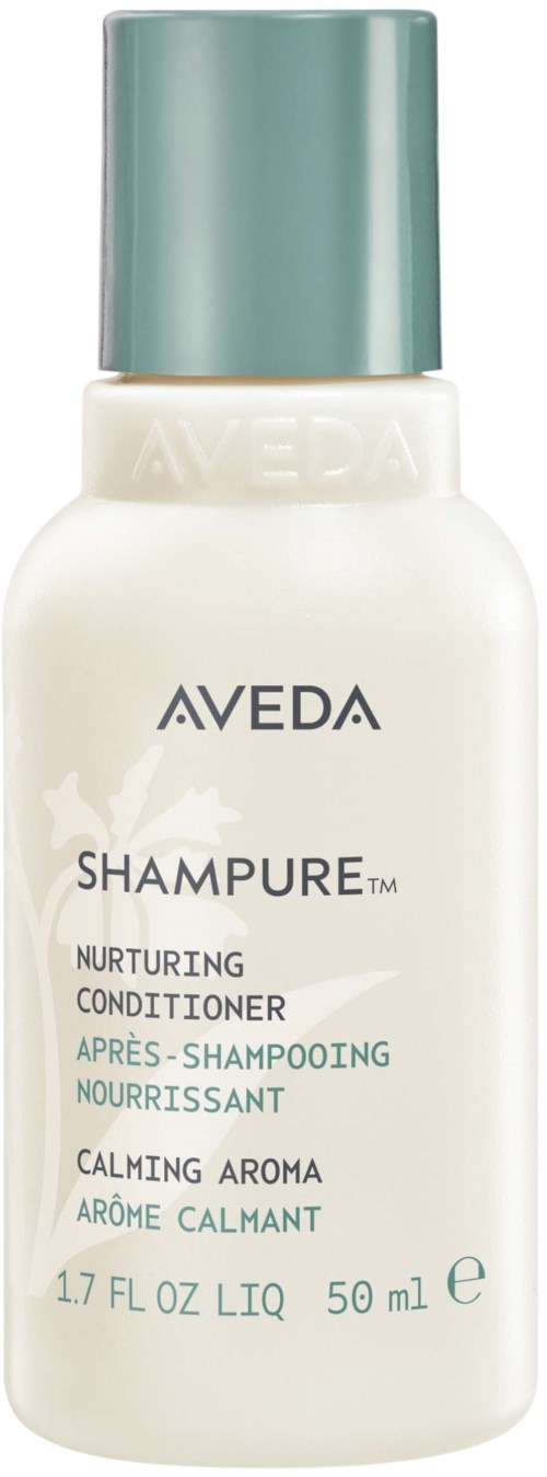 Pieni valkoinen pullo merkinnällä Aveda Shampure ja vihreä korkki, sisältää hoitavan hoitoaineen.