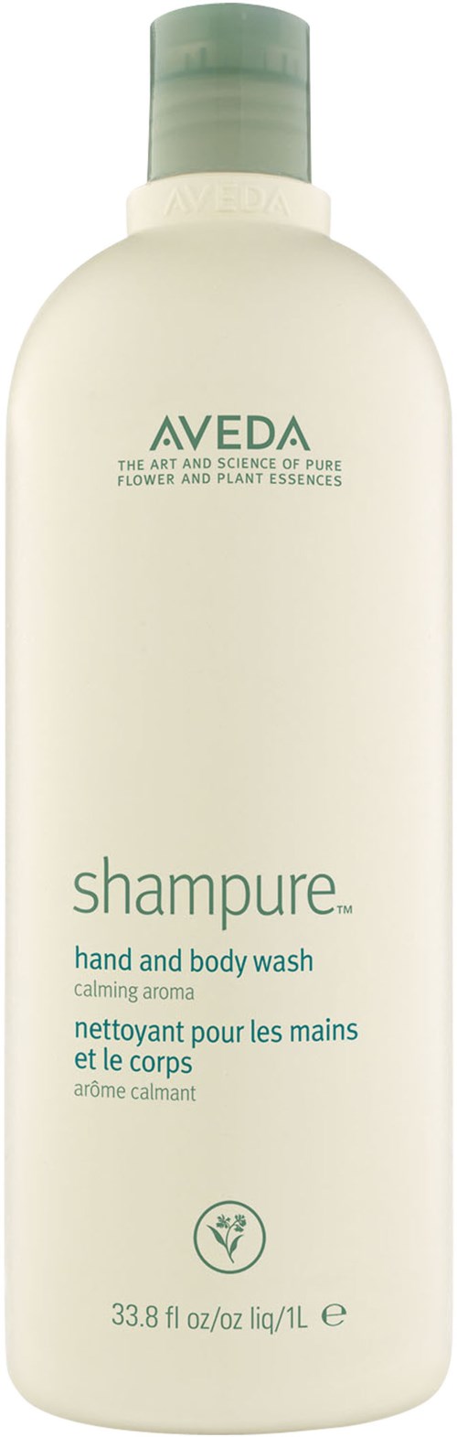 A white bottle of Aveda shampoo with green text, labeled for hand and body wash with calming aroma.