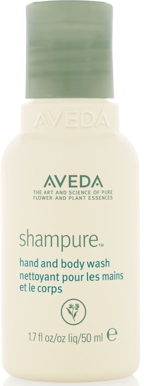 Small white bottle with green cap, labeled 'Aveda' and 'shampure' for hand and body wash.