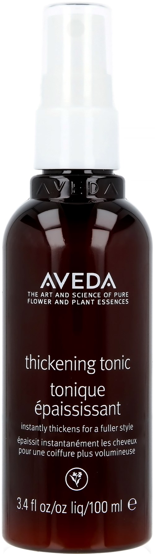 Ciemnobrązowa butelka spray z białą nakładką i napisem 'AVEDA thickening tonic' do pielęgnacji włosów.