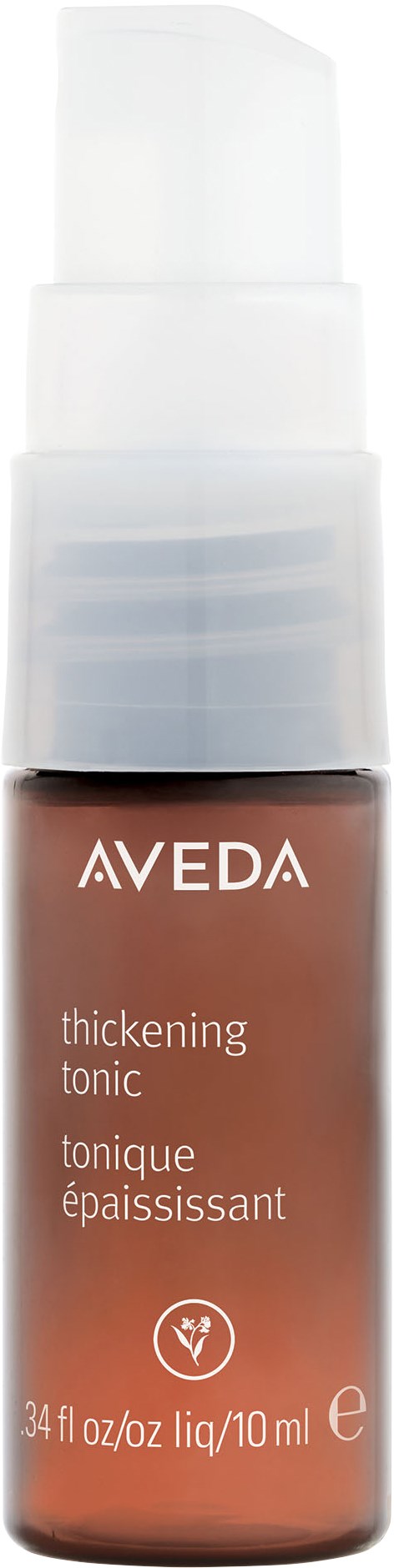Aveda thickening tonic bottle with a brown label and white cap, designed for hair care.