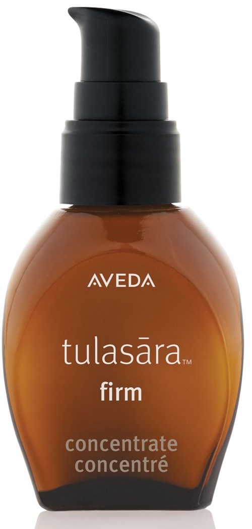 Valkoinen pullo, jossa on musta suutin ja etiketti Aveda Tulasara Firm concentrate, ihonhoitoon.