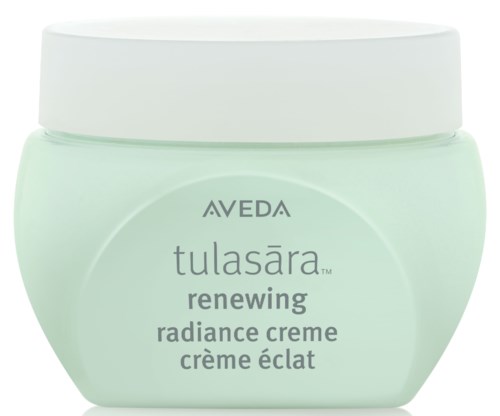 En lille krukke mærket Aveda Tulasara renewing radiance creme med hvid låg.