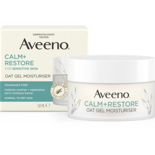 Een doos en een pot van Aveeno Calm + Restore haver gel moisturizer voor gevoelige huid met een eenvoudig, schoon ontwerp.