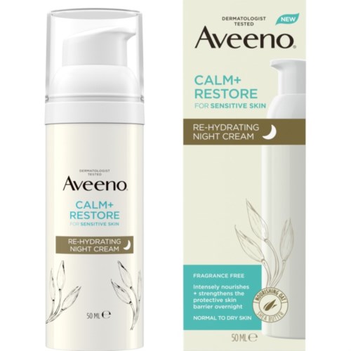 Calm+ Restore nachtcrème voor gevoelige huid, fles en doos, met bladillustratie, geurvrij.