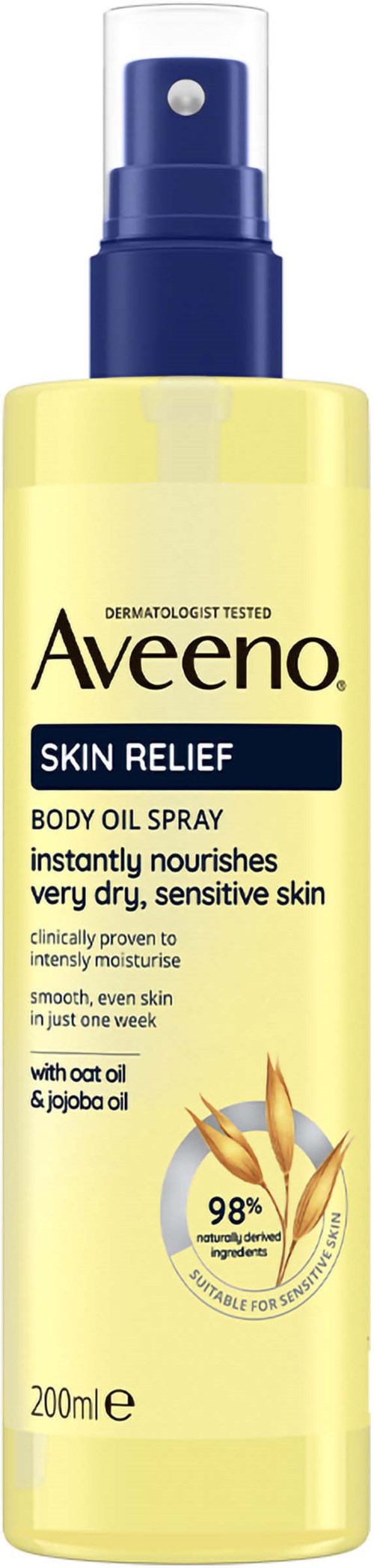 En gul och blå sprayflaska som heter Aveeno Skin Relief, för känslig hud, med växtillustrationer.