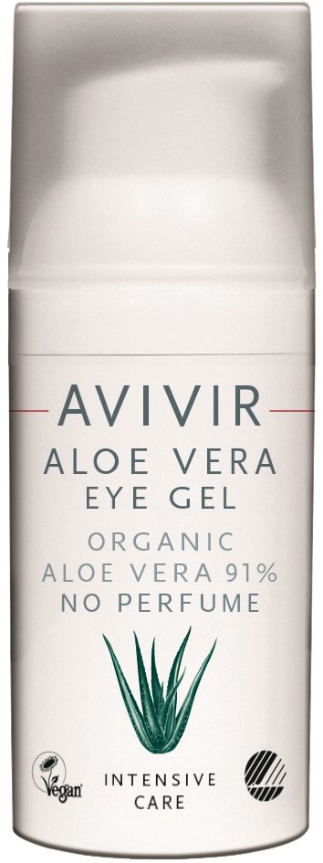 En hvid flaske af Avivir Aloe Vera Eye Gel med billede af grøn aloe plante, uden parfume, egnet til følsom hud.