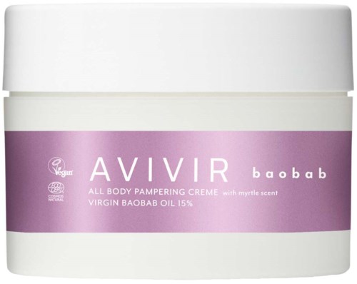 En hvit krukke med kroppskrem merket 'AVIVIR baobab' med lilla bånd, nevner vegansk, naturlig og inneholder virgin Baobab-olje.