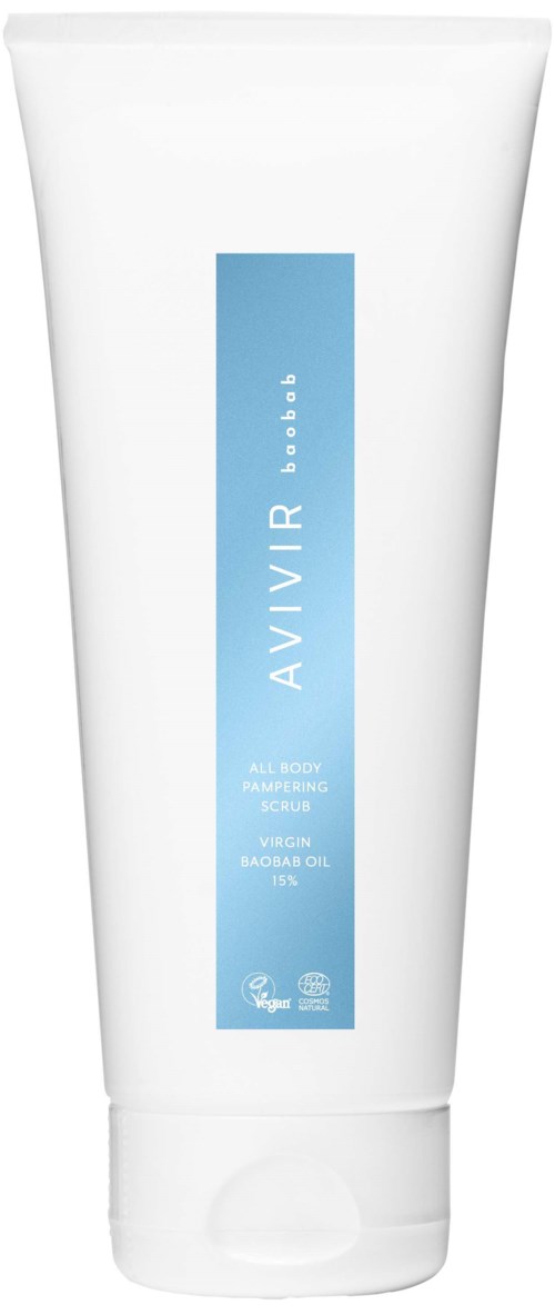 En vit tub med en blå etikett som säger 'AVIVIR' och 'all body hydrating soothing serum'.