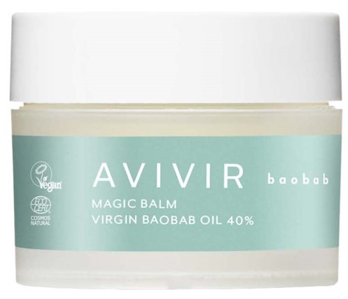 En liten boks av Avivir Baobab Magic Balm med virgin Baobab Oil, 40%, i en hvit beholder med et lyseblått merke.