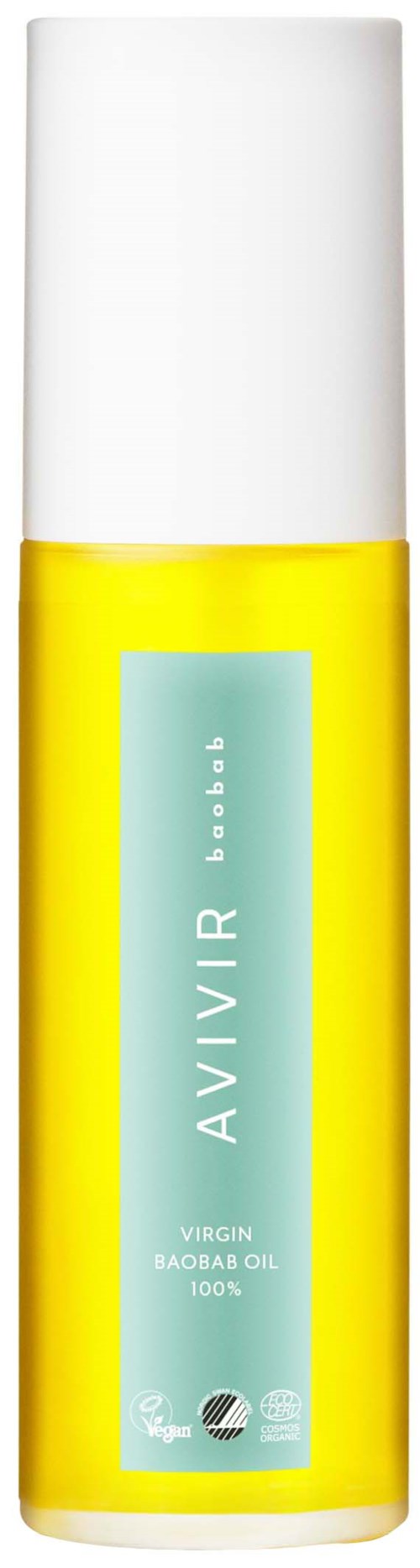 En gul flaske med hvid hætte, mærket 'AVIVIR blue' og 'Virgin Baobab oil 100%.