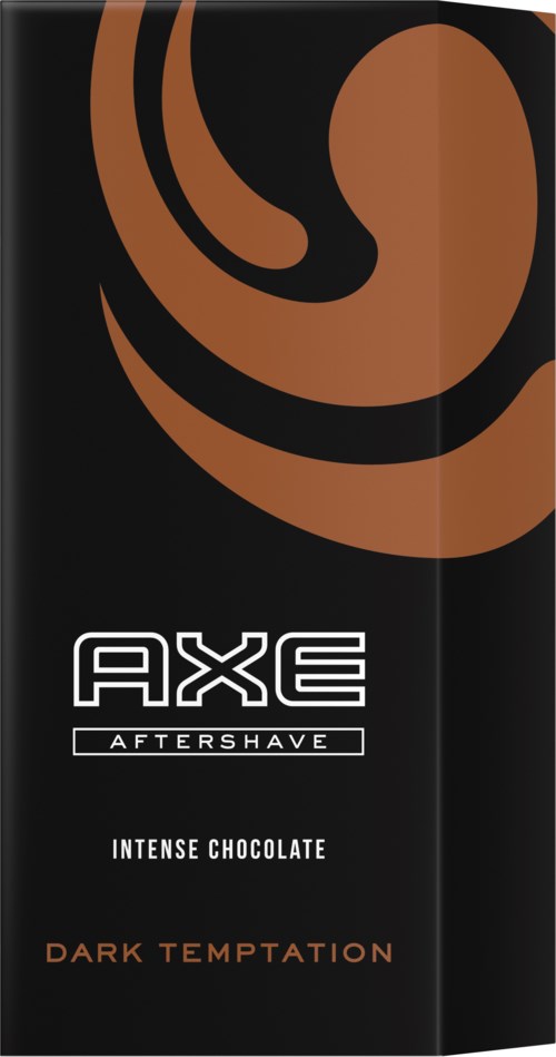Musta suklaapatukan pakkaus with ruskeat pyörteet, valkoinen ja oranssi teksti Axe Aftershave, Intense Chocolate, Dark Temptation.