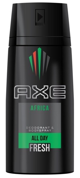 En sort deodorantsprayflaske med grønne og røde detaljer, mærket Axe Africa, All Day Fresh.