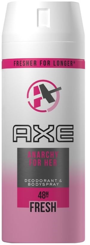 En rosa och vit AXE deodorantsprayburk med svart, grå och rosa text. Den säger 'Fresher for longer' och 'Fresh'.