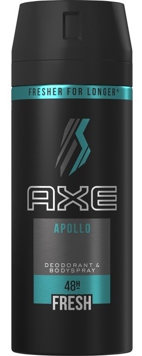 En svart flaska med Axe Apollo deodorant och kroppsspray med blå och grå etikett. Den säger "Fresher for Longer" och "48H FRESH."