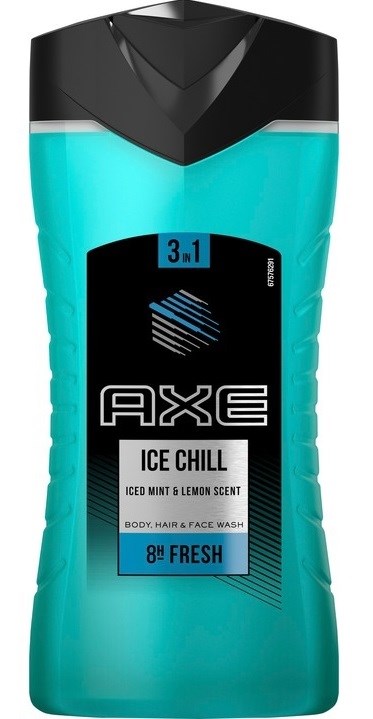 En blå och svart flaska med Axe Ice Chill kropp- och ansiktsvål, med mint- och citronarom, märkt 3,1 liter.