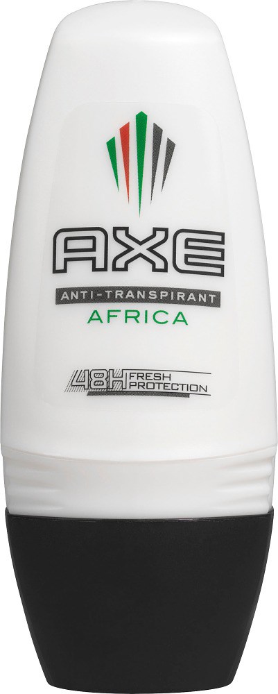 En vit och svart deodorantstick märkt AXE Africa, ger 48 timmars fräschhet och skydd.