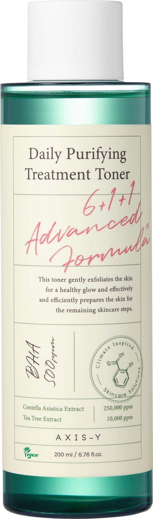 A skincare bottle labeled 'Daily Purifying Treatment Toner' with a white cap and greenish body.