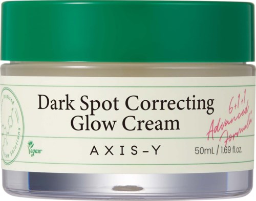 A jar of dark spot correcting glow cream with a green lid and white label. It is vegan and 50ml.