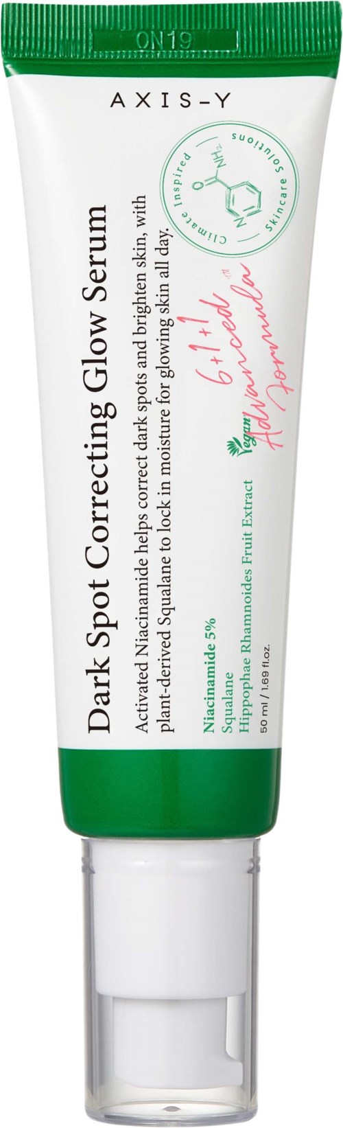 En tube med AXIS-Y Dark Spot Correcting Glow Serum med grønn og hvit emballasje og en gjennomsiktig hette.
