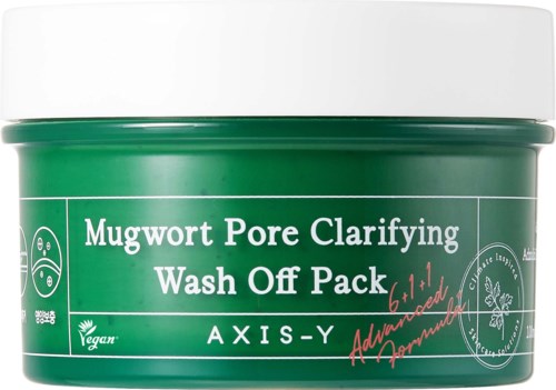 Green container with white lid, showing label for Mugwort Pore Clarifying Wash Off Pack.