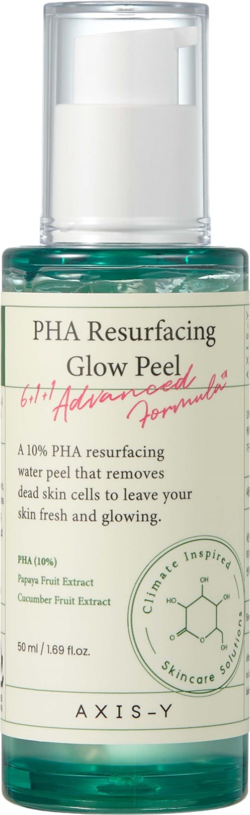 En tydlig flaska med vit- och gröntetikett, innehållande PHA-resurfacerande glow peel-lösning för hudvård.
