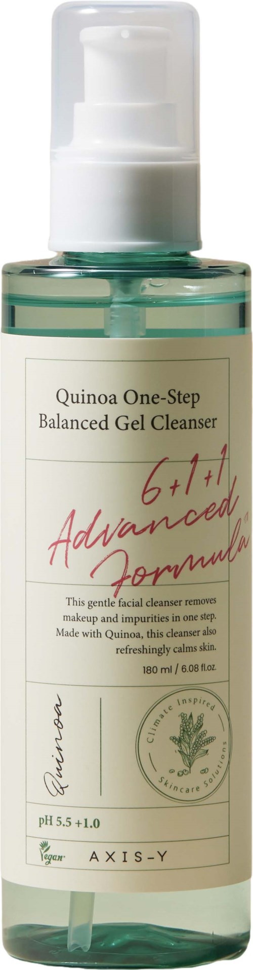 Läpinäkyvä pullo sisältää geelimäisen puhdistusaineen, jossa lukee 'Quinoa One-Step Balanced Gel Cleanser'. Se on varustettu pumpulla ja valkoisella etiketillä.
