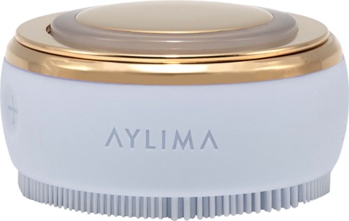 En vit enhet märkt 'AYLIMA' med en guldring upptill, verkar vara en skönhets- eller hudvårdsapparat.