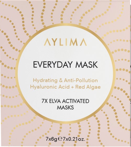 A skincare product label for Aylima Everyday Mask with hyaluronic acid, red algae, and 7X ELVA activated masks in a decorative design.