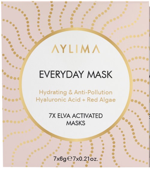A skincare mask box with gold and pink dotted design, labeled 'Aylima Everyday Mask,' mentioning hydration, anti-pollution, hyaluronic acid, and red algae.