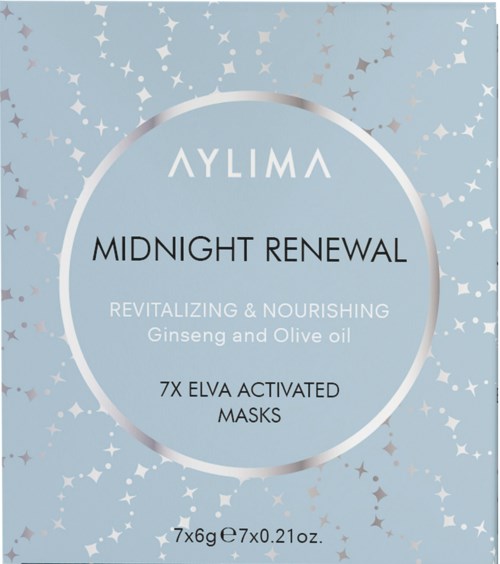 En blå bakgrunn med stjerner, viser en produktetikett for AYLIMA Midnight Renewal masker med urter.