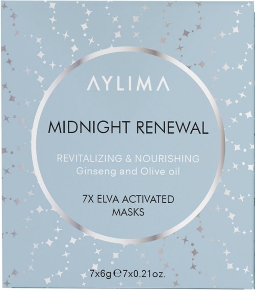 Product packaging for Aylima's Midnight Renewal masks with ginseng and olive oil.