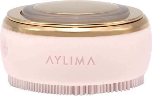 En liten enhet med guld- och vit färg, märkt 'AYLIMA'. Den är rund och har en texturerad botten.