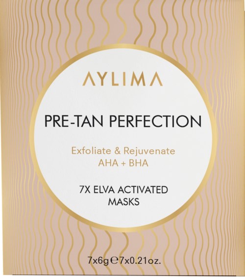En pakke fra Aylima som tilbyr eksfolierende og fornyende masker med aktivert kull, gull og elva.