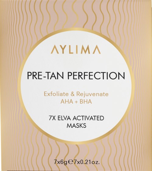A skincare product named AYLIMA Pre-Tan Perfection with 7 X ELVA masks for exfoliating and rejuvenating skin.