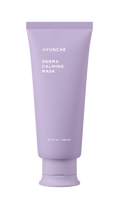 Fioletowa tubka z napisem 'AYUNCHE Derma Calming Mask' i białą nakrętką.