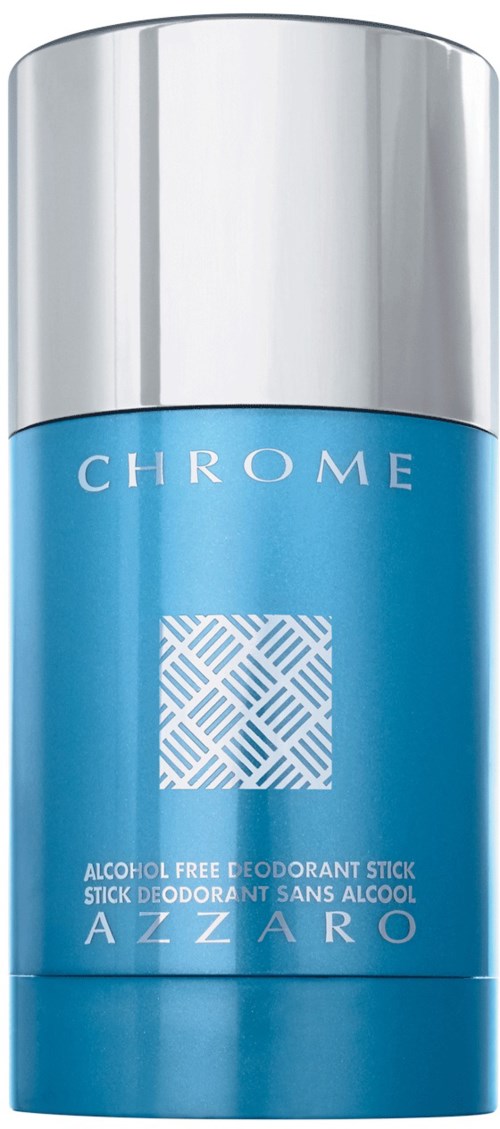 En blå deo-stift med sølvhette, merket 'Chrome' og 'Azzaro', uten alkohol.