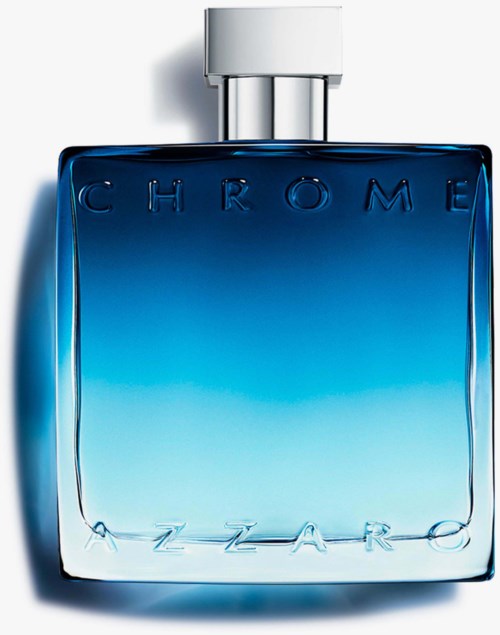 Niebieska butelka perfum z oznaczeniem Chrome Zebra i srebrnym korkiem.