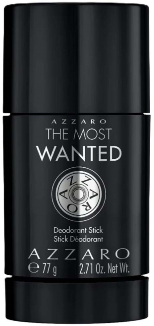 Black deodorant stick container with white text, including brand and scent name, 'The Most Wanted'.