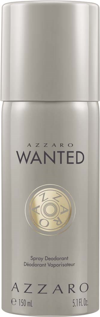 En silverfärgad spray deodorant med märket AZZARO och 'WANTED' på, 150 ml storlek.