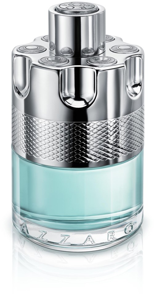Eine Glasflasche mit silberner Spitze, sechs runde Kammern oben und blauem Inhalt.