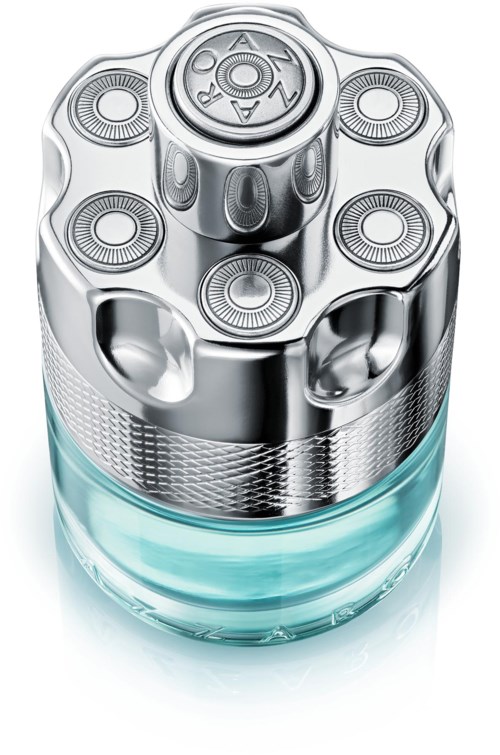 Ein modernes Pflegegerät mit Metallkopf, sechs runde Rasurköpfe, und einem blauen Flüssigkeitsbehälter.