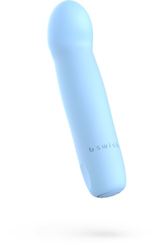 Een lichtblauwe persoonlijke massager in de vorm van een kleine, gebogen stok met een ronde top.
