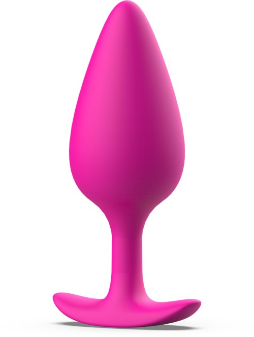 Ein rosa, glatte, konische Form mit gebogener Basis, ähnlich einem Spielzeug oder Werkzeug.