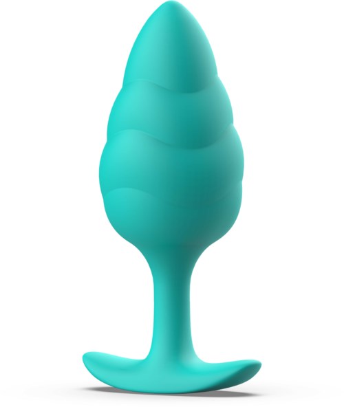 Een tealkleurig, geribbelde, eivormige voorwerp met een staart, bedoeld voor intiem gebruik.