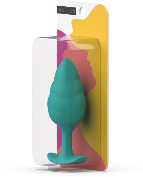Een teal siliconen voorwerp in de vorm van een klein wezen of plant, in verpakking met kleurrijke abstracte achtergrond.